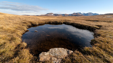 Obraz premium Highland pool reflecting mountains, serene landscape, nature photography, travel