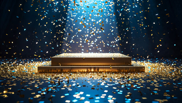 Glowing golden stage surrounded by cascading shimmering particles under dynamic lighting