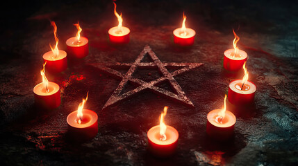 A Mystical Ritual featuring Red Candles arranged around a glowing Pentagram design
