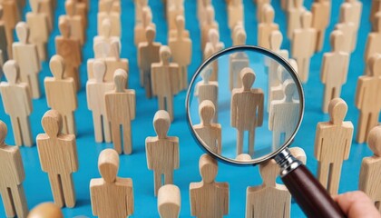 A magnifying glass focuses on a single wooden figure within a crowd, highlighting the process of selection and individual assessment from a large pool of candidates.
