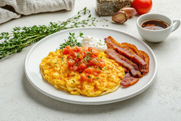 Scrambled Eggs with Bacon and Fresh Herbs on White Plate - Breakfast Flat Lay