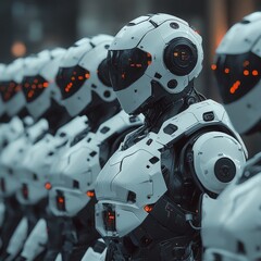 Fototapeta premium A line of advanced humanoid robots, emphasizing the future of AI, automation, and industrial innovation.