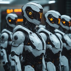 Fototapeta premium A line of advanced humanoid robots, emphasizing the future of AI, automation, and industrial innovation.