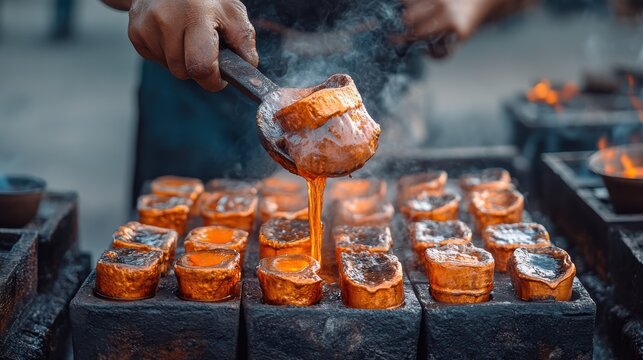 A copper refinery with molten metal being poured into molds.
