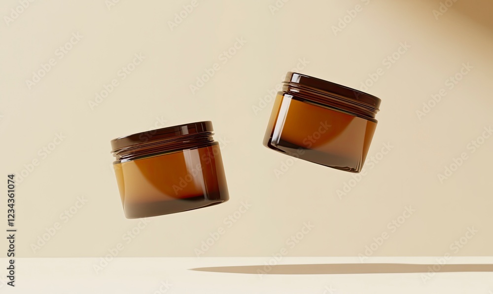 Poster two cream jars floating in the air on a beige background, a minimalistic scene with a clean backgrou