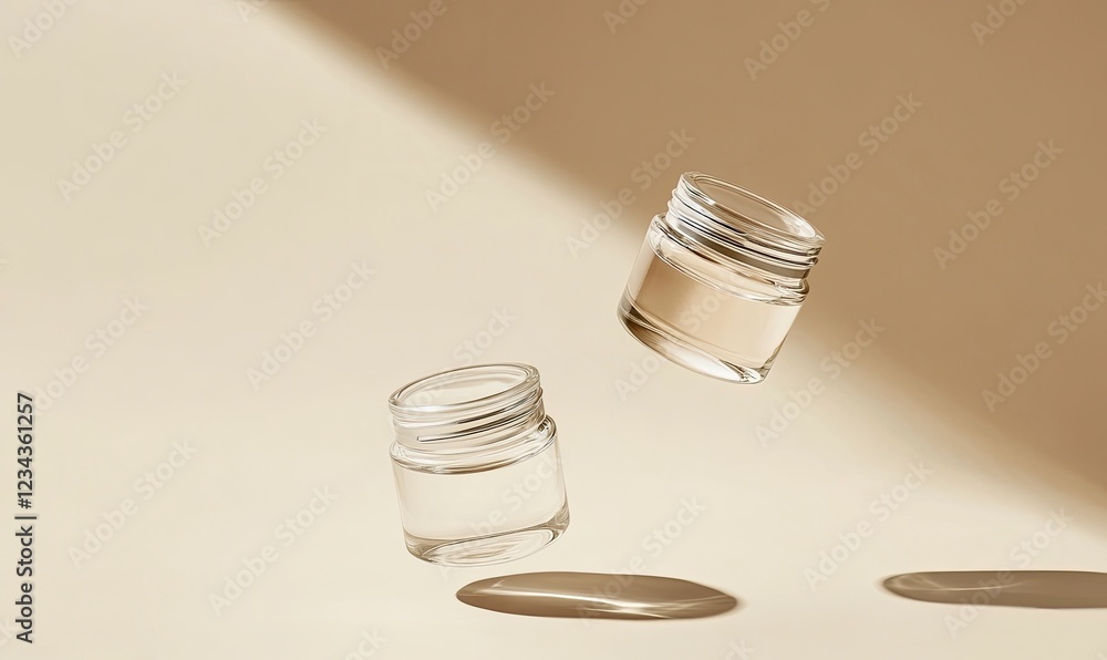 Poster two cream jars floating in the air on a beige background, a minimalistic scene with a clean backgrou