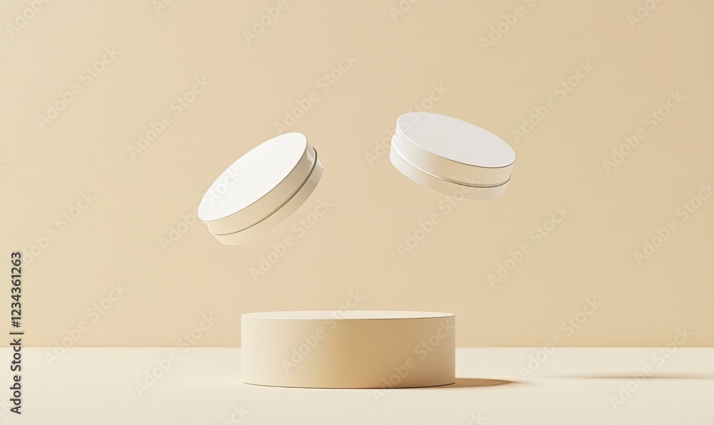 Poster two cream jars floating in the air on a beige background, a minimalistic scene with a clean backgrou