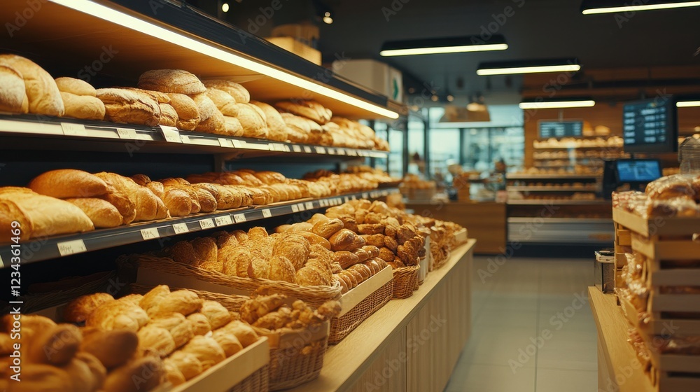 Aufkleber freshly baked bread displayed on shelves in a modern bakery with customers browsing in the backgroun