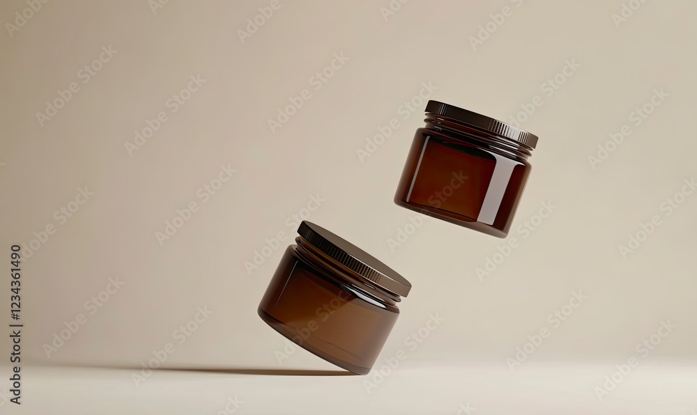 Poster two cream jars floating in the air on a beige background, a minimalistic scene with a clean backgrou