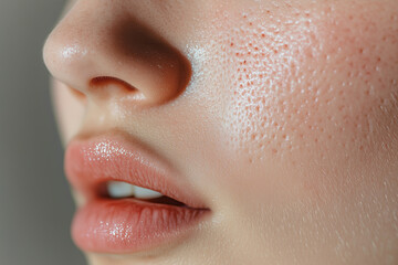 Close up detail young beauty woman's facial skin care texture. Acne open pores and blackheads. Cosmetic concept background.