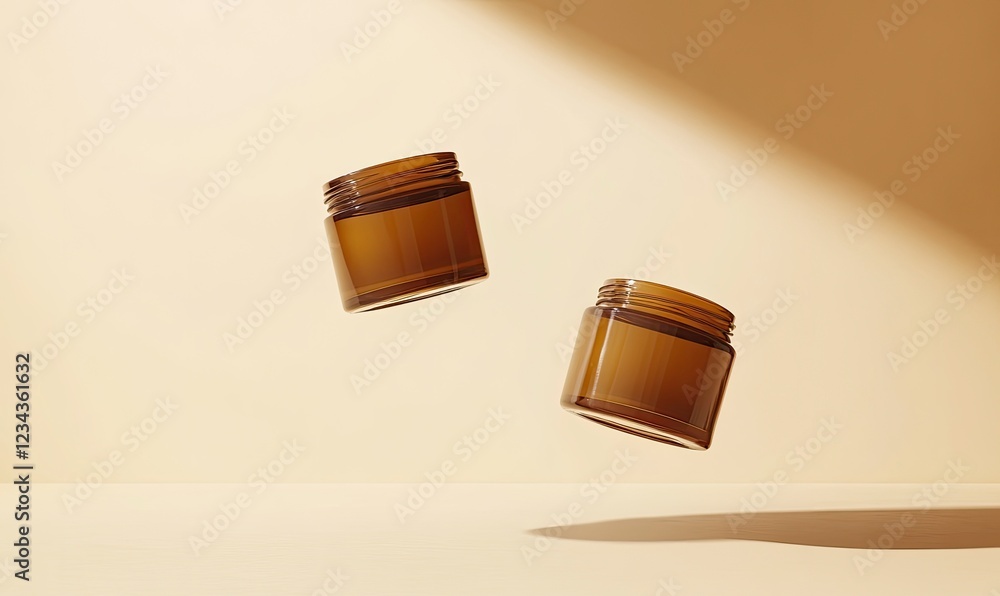 Poster two cream jars floating in the air on a beige background, a minimalistic scene with a clean backgrou