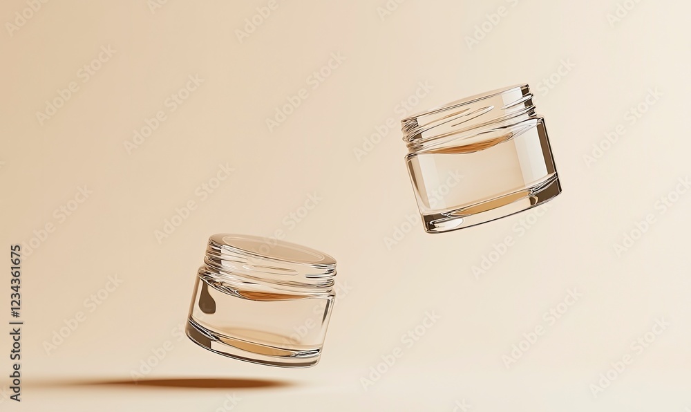 Poster two cream jars floating in the air on a beige background, a minimalistic scene with a clean backgrou