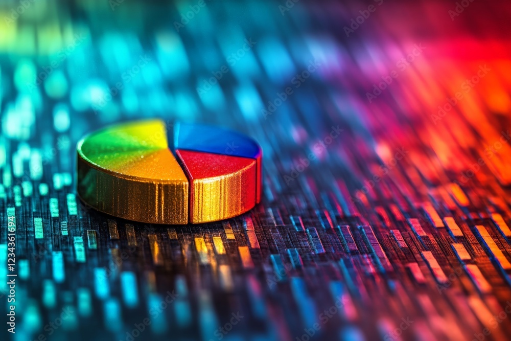 Poster Colorful pie chart on a bright, textured background represents data analysis and visualization techniques