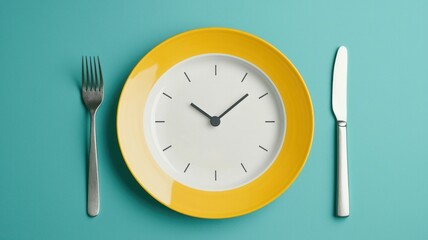 A yellow-rimmed plate designed as a clock with fork and knife on a turquoise background, representing meal planning and intermittent fasting