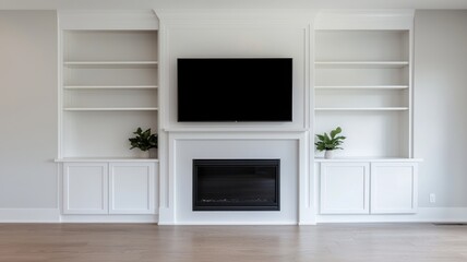 Modern White Built in Fireplace Entertainment Center with Shelves and Cabinets