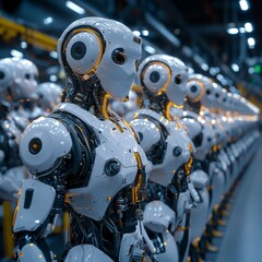 Fototapeta premium A line of advanced humanoid robots, emphasizing the future of AI, automation, and industrial innovation.