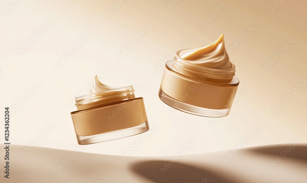 Poster two cream jars floating in the air on a beige background, a minimalistic scene with a clean backgrou