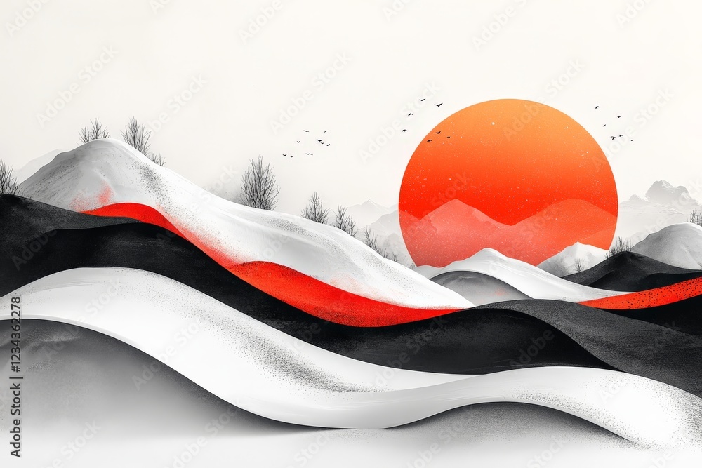Poster vibrant sunset over abstract hills with sweeping waves of color and serene atmosphere in a minimalis