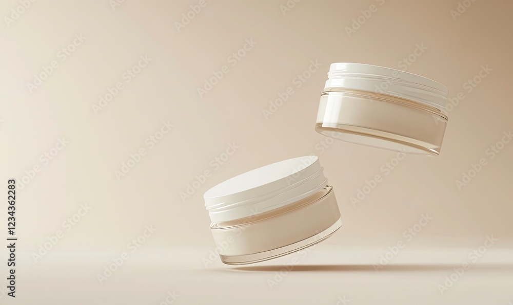Poster two cream jars floating in the air on a beige background, a minimalistic scene with a clean backgrou