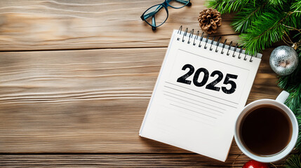 Notebook showing 2025 surrounded by christmas decorations and a cup of coffee resting on a wooden table, perfect for new year's resolutions