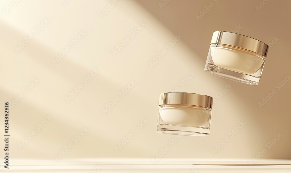 Poster two cream jars floating in the air on a beige background, a minimalistic scene with a clean backgrou