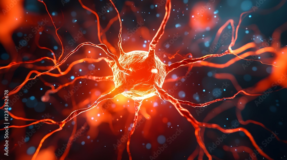 Poster glowing red neuron network microscopic view