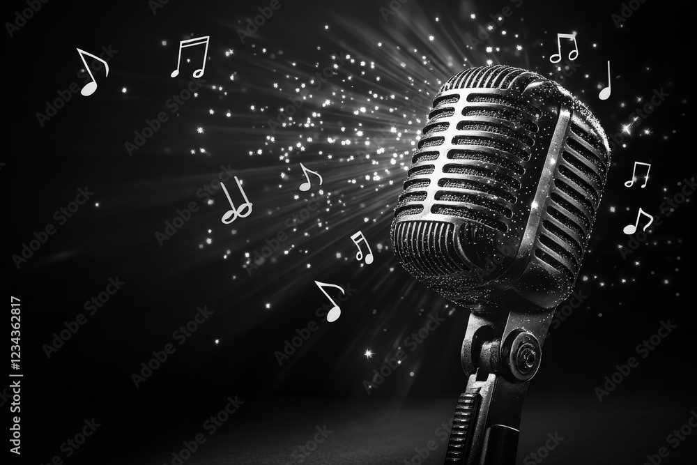 Poster sparkling vintage microphone surrounded by musical notes in a dark setting with vibrant highlights