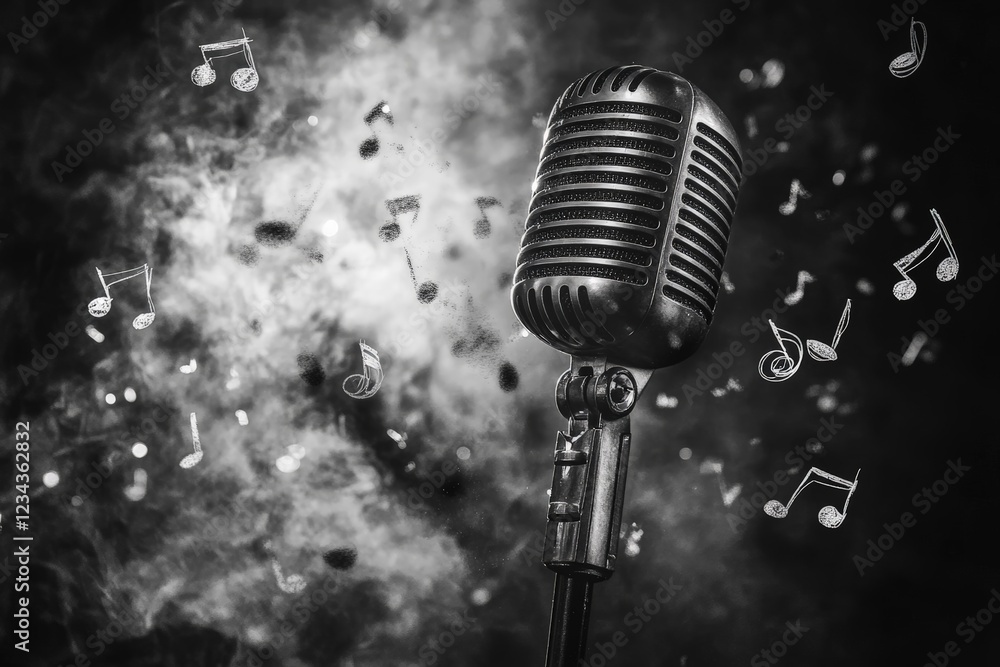 Poster classic microphone surrounded by musical notes in a smoky atmosphere during a nighttime performance
