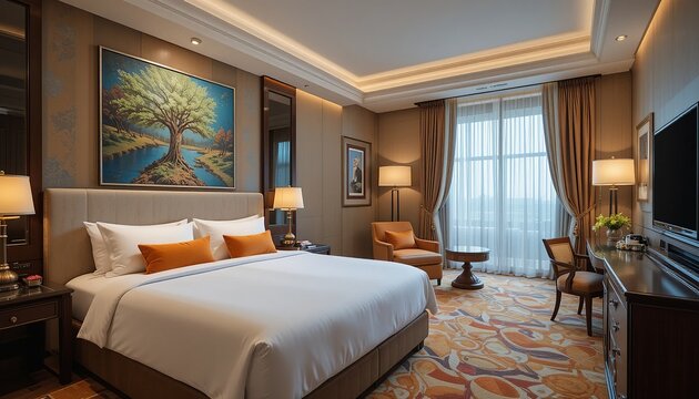 Luxury Hotel Suite: A spacious and elegantly appointed hotel suite with a king-size bed, plush armchairs, and tasteful decor. The room boasts large windows offering stunning views of the cityscape.