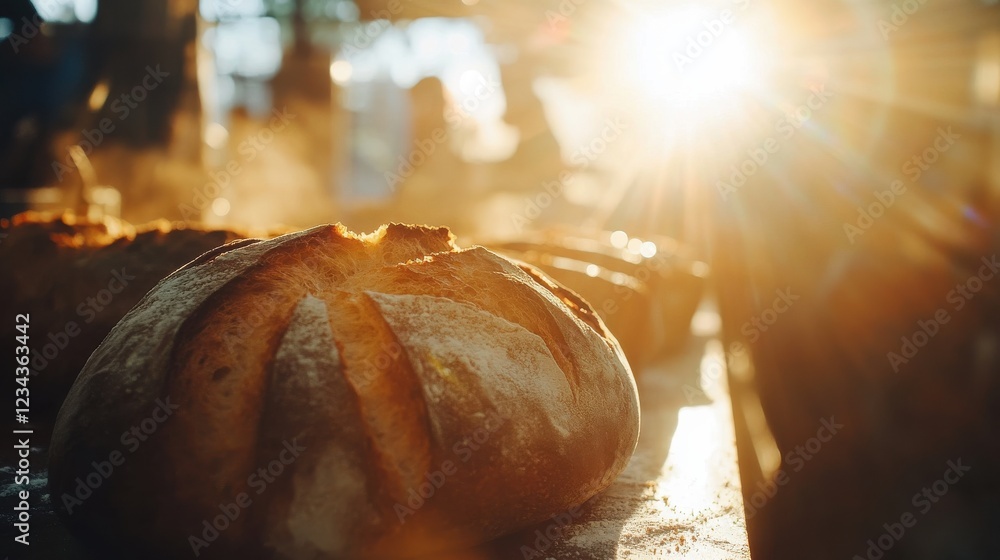 Aufkleber freshly baked bread resting on a table with sunlight streaming through, creating a warm atmosphere