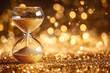 Sparkling hourglass with golden sand against a blurred background of shimmering lights