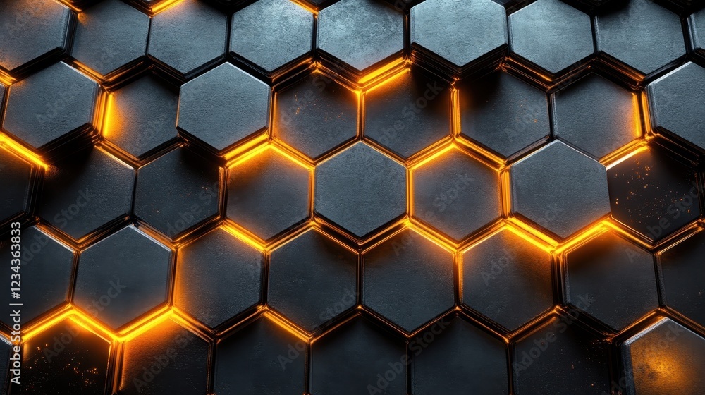Poster a hexagonal pattern with glowing edges, creating a modern, tech-inspired design.