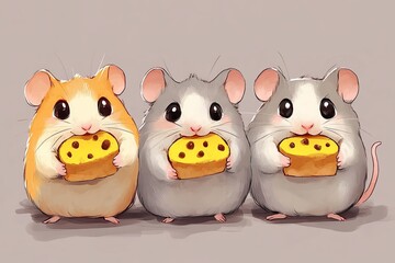 Fototapeta premium Three cute cartoon mice holding pieces of cheese in a whimsical setting