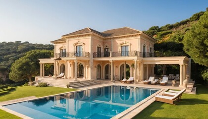 Fototapeta premium Mediterranean Villa with Pool: A luxurious Mediterranean-style villa boasts a stunning infinity pool, overlooking a verdant landscape. The architecture is classic and elegant.
