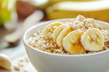 A delicious muesli bowl with banana and honey, perfect for breakfast. Enjoy a healthy start to your day with this delightful combination of flavors.