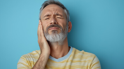 Fototapeta premium Middle-aged man experiencing neck pain while standing against a light blue background