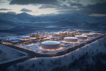 Obraz premium Industrial fuel storage facility illuminated at night in a snowy mountain region