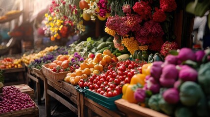 A colorful farmers' market with fresh produce and flowers on display.