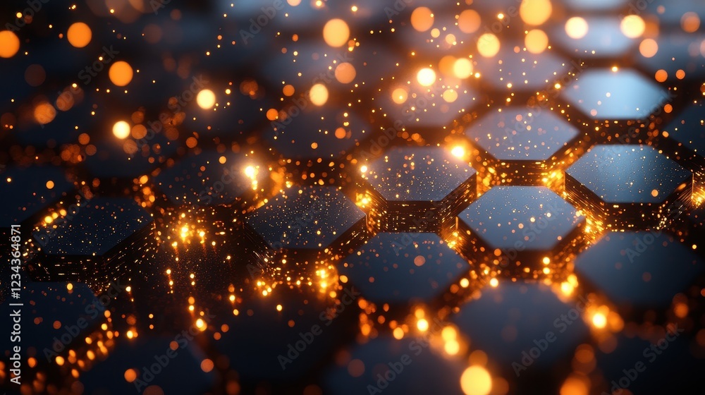 Poster abstract hexagonal pattern with glowing particles and a dark background.