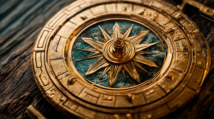Obraz premium An antique compass showcasing intricate design elements over beautifully aged vintage wood