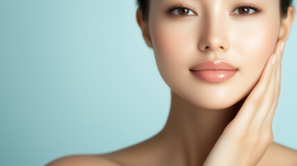 Fototapeta premium Asian woman applying cream to her face for a fresh and radiant appearance