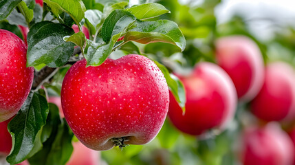 Red apples on tree branch, orchard background, healthy harvest