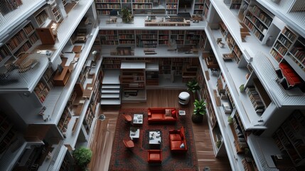 A library with towering shelves filled with books and a cozy reading area.