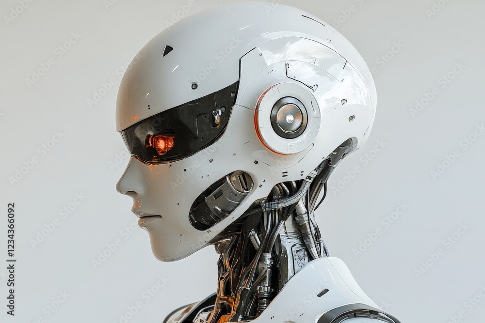 Poster futuristic robot with intricate design showcasing advanced artificial intelligence features in a mod
