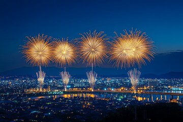Spectacular fireworks display lights up the night sky over a bustling city by the river