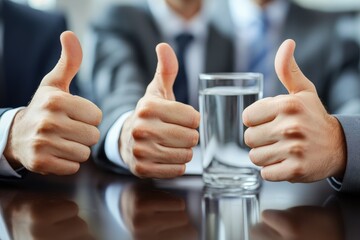 Business professionals showcasing approval with enthusiastic thumbs up in a corporate setting