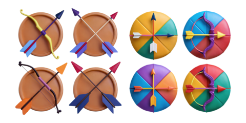 Colorful Archery Equipment with Arrows and Targets, PNG collection, set bundle, isolate on transparent or white background
