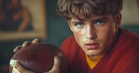 Young athlete displaying determination and focus before a high school football game in a nostalgic locker room atmosphere