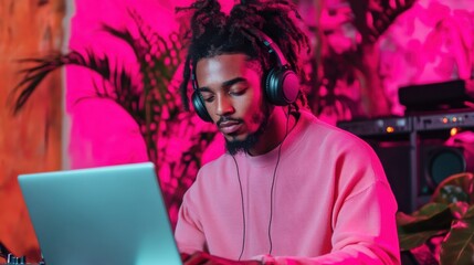 A young musician composing music on a laptop using headphones