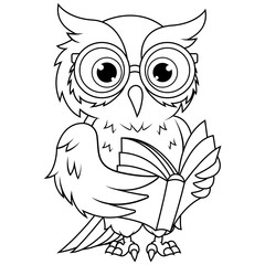 Cartoon owl bird wearing glasses reading a book line art